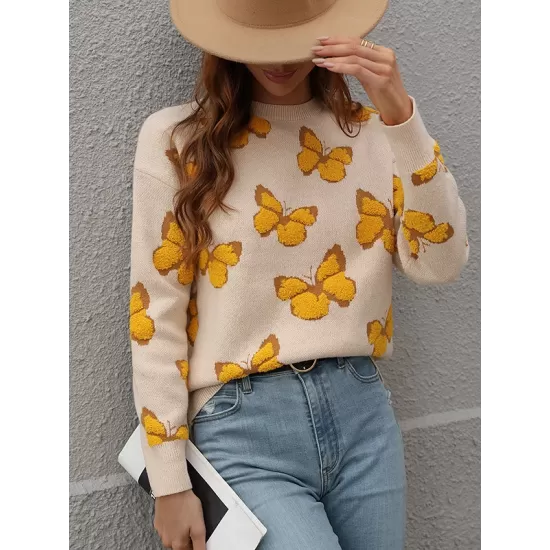 Original Long Sleeves Loose Butterfly Print Contrast Color Round-Neck Sweater Tops