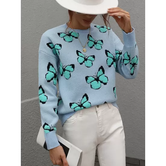 Original Long Sleeves Loose Butterfly Print Contrast Color Round-Neck Sweater Tops