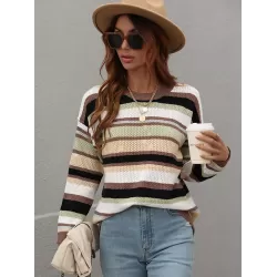 Original Long Sleeves Loose Contrast Color Striped Round-Neck Sweater Tops