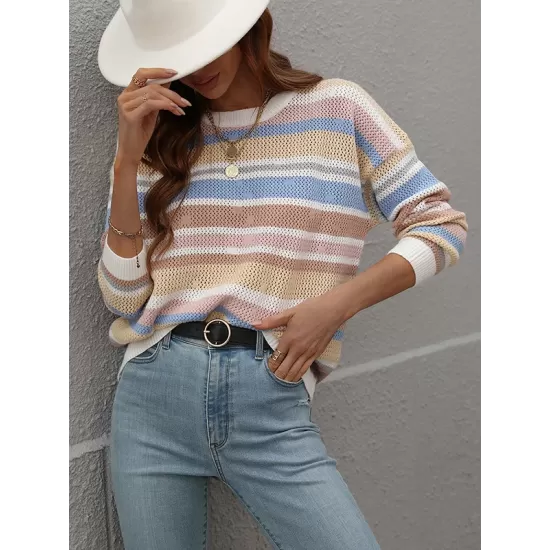 Original Long Sleeves Loose Contrast Color Striped Round-Neck Sweater Tops