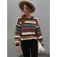 Original Long Sleeves Loose Contrast Color Striped Round-Neck Sweater Tops