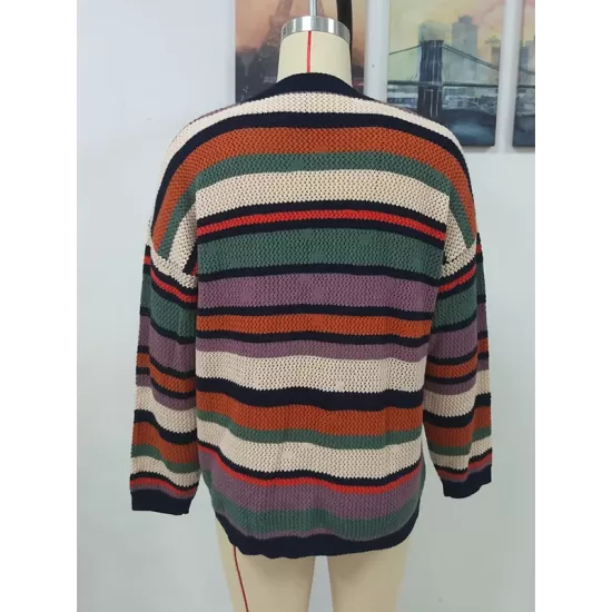 Original Long Sleeves Loose Contrast Color Striped Round-Neck Sweater Tops