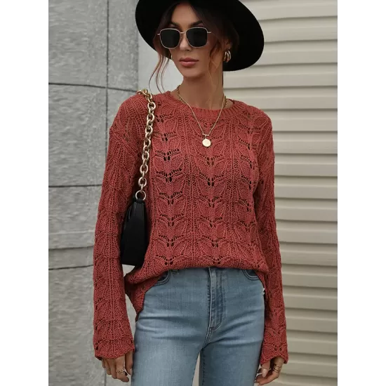 Original Creation Long Sleeves Loose Hollow Solid Color Round-Neck Sweater Tops