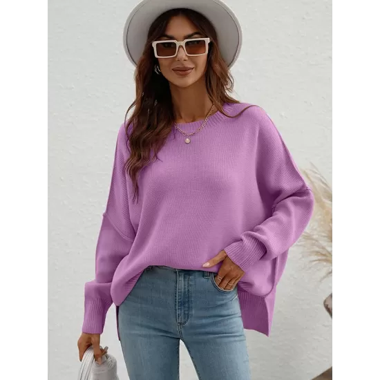 Casual Long Sleeves Loose Split-Side Solid Color Round-Neck Sweater Tops