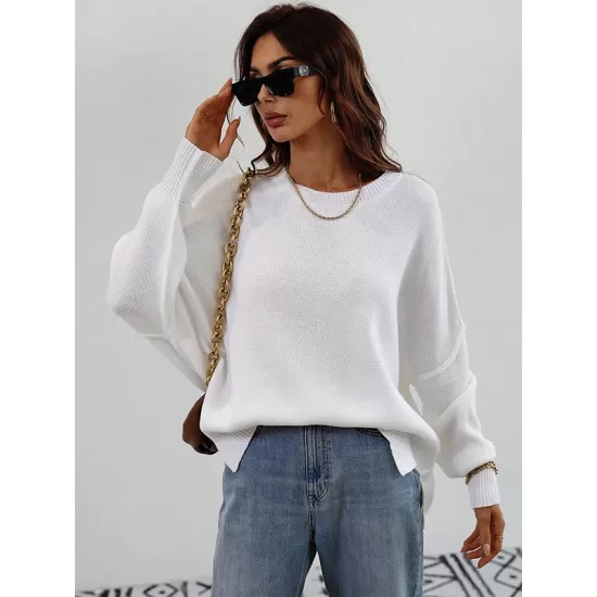 Casual Long Sleeves Loose Split-Side Solid Color Round-Neck Sweater Tops