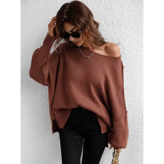 Casual Long Sleeves Loose Split-Side Solid Color Round-Neck Sweater Tops