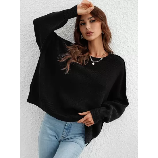 Casual Long Sleeves Loose Split-Side Solid Color Round-Neck Sweater Tops