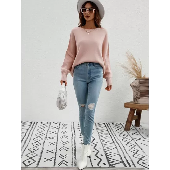 Casual Long Sleeves Loose Split-Side Solid Color Round-Neck Sweater Tops