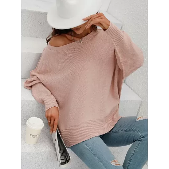 Casual Long Sleeves Loose Split-Side Solid Color Round-Neck Sweater Tops