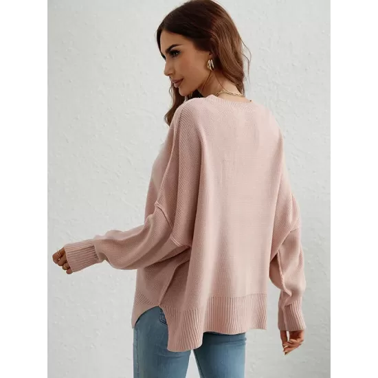 Casual Long Sleeves Loose Split-Side Solid Color Round-Neck Sweater Tops