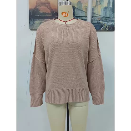 Casual Long Sleeves Loose Split-Side Solid Color Round-Neck Sweater Tops