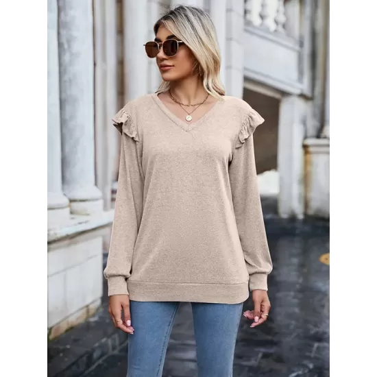 Casual Loose Solid Color V-Neck Shirts Top