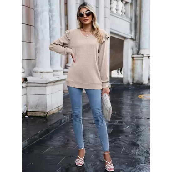 Casual Loose Solid Color V-Neck Shirts Top