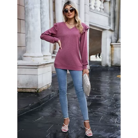 Casual Loose Solid Color V-Neck Shirts Top