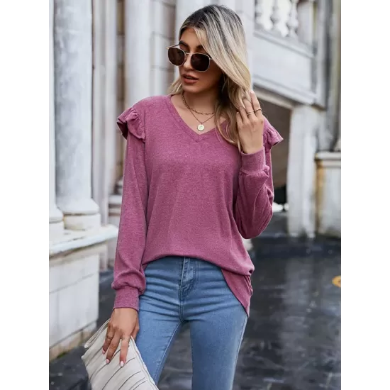 Casual Loose Solid Color V-Neck Shirts Top