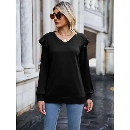 Casual Loose Solid Color V-Neck Shirts Top