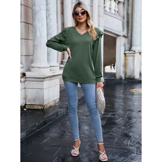 Casual Loose Solid Color V-Neck Shirts Top