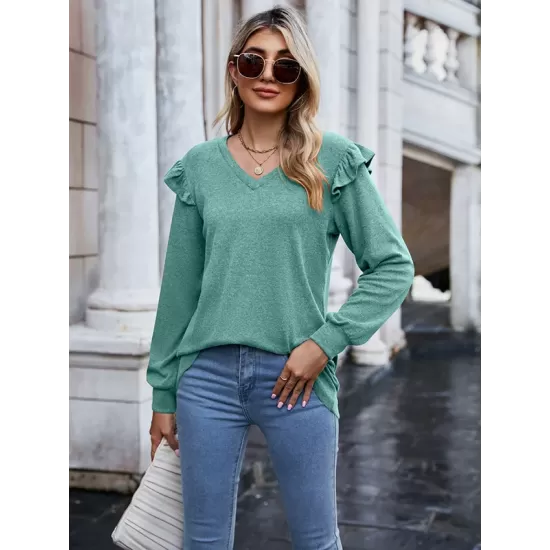 Casual Loose Solid Color V-Neck Shirts Top