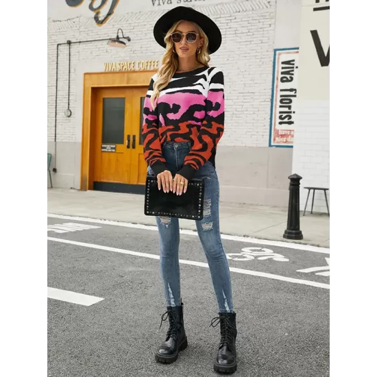 Casual Loose Zebra-Stripe Patchwork Sweater Top