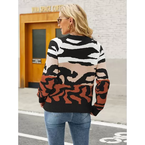 Casual Loose Zebra-Stripe Patchwork Sweater Top