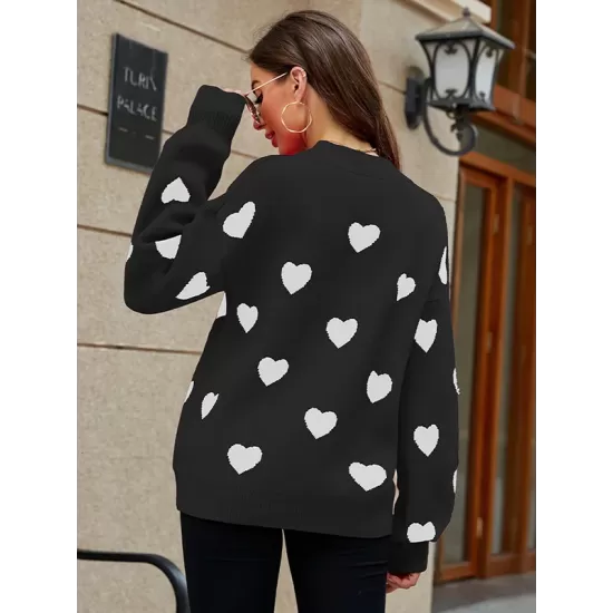 Casual Puff Sleeves Loose Heart Shape Sweater Top