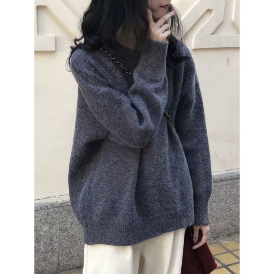 Simple Loose Long Sleeves Round-Neck Sweater Tops Pullovers