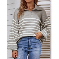 Casual Long Sleeves Loose Striped Lapel Collar Sweater Tops