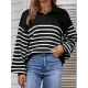 Casual Long Sleeves Loose Striped Lapel Collar Sweater Tops