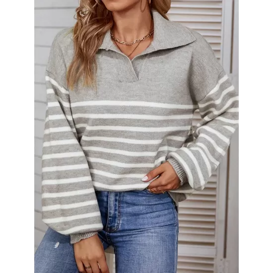 Casual Long Sleeves Loose Striped Lapel Collar Sweater Tops