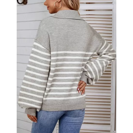 Casual Long Sleeves Loose Striped Lapel Collar Sweater Tops