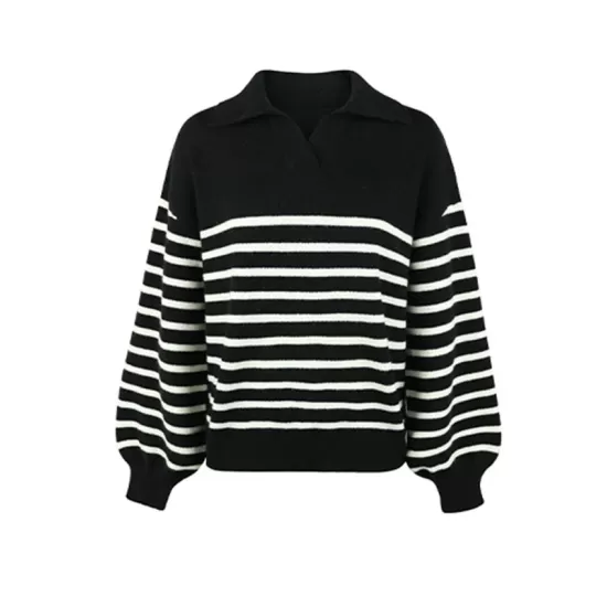 Casual Long Sleeves Loose Striped Lapel Collar Sweater Tops