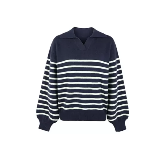 Casual Long Sleeves Loose Striped Lapel Collar Sweater Tops