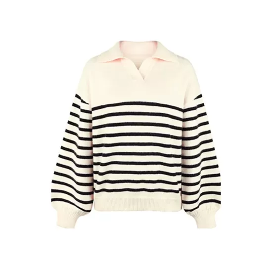 Casual Long Sleeves Loose Striped Lapel Collar Sweater Tops