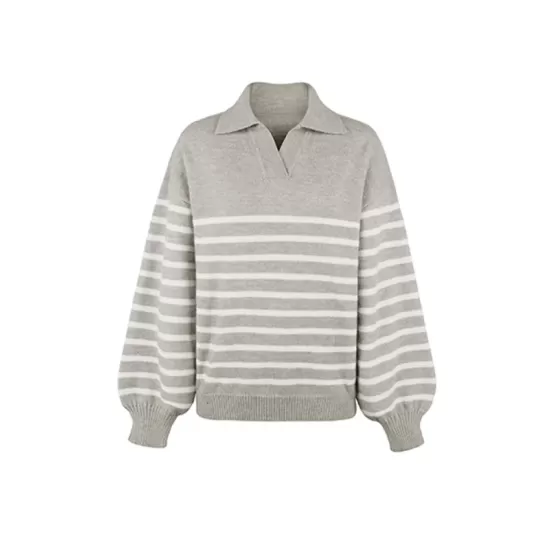 Casual Long Sleeves Loose Striped Lapel Collar Sweater Tops