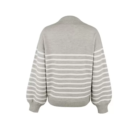 Casual Long Sleeves Loose Striped Lapel Collar Sweater Tops