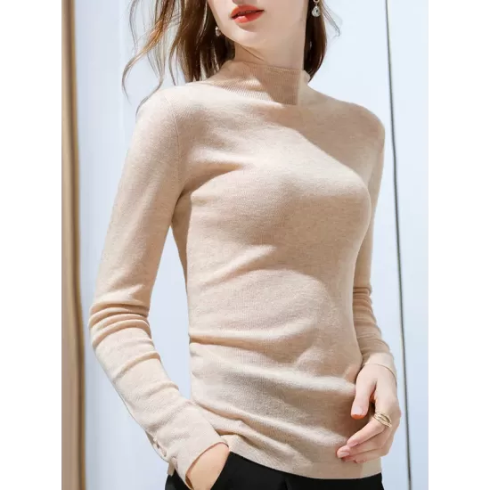 Simple Long Sleeves Skinny Keep Warm Solid Color High-Neck Pullovers