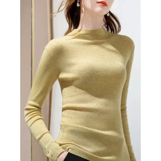 Simple Long Sleeves Skinny Keep Warm Solid Color High-Neck Pullovers