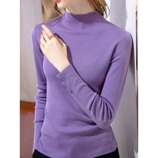 Simple Long Sleeves Skinny Keep Warm Solid Color High-Neck Pullovers