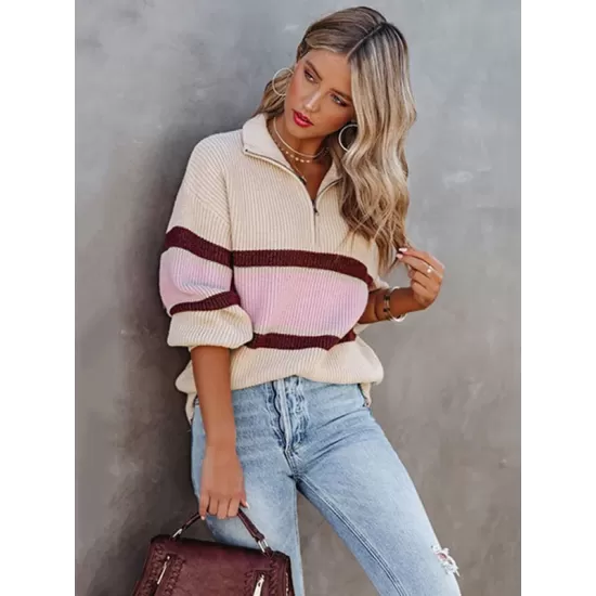 Stylish Loose Solid Color& Contrast Color Striped Lapel Collar Sweater Tops