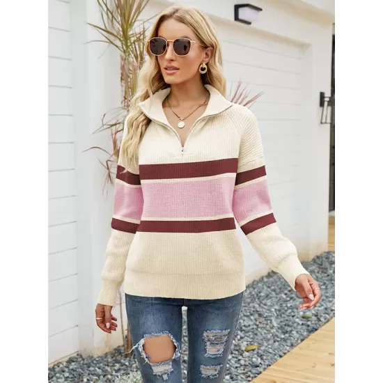 Stylish Loose Solid Color& Contrast Color Striped Lapel Collar Sweater Tops