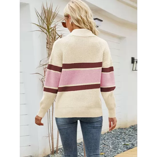 Stylish Loose Solid Color& Contrast Color Striped Lapel Collar Sweater Tops