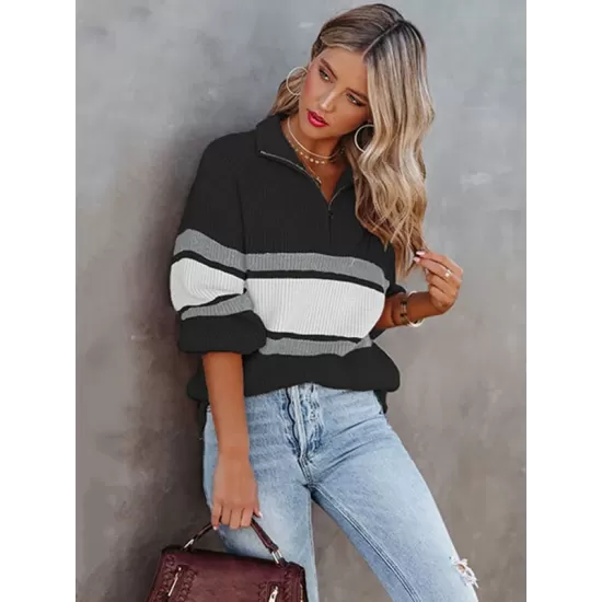 Stylish Loose Solid Color& Contrast Color Striped Lapel Collar Sweater Tops