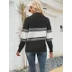 Stylish Loose Solid Color& Contrast Color Striped Lapel Collar Sweater Tops