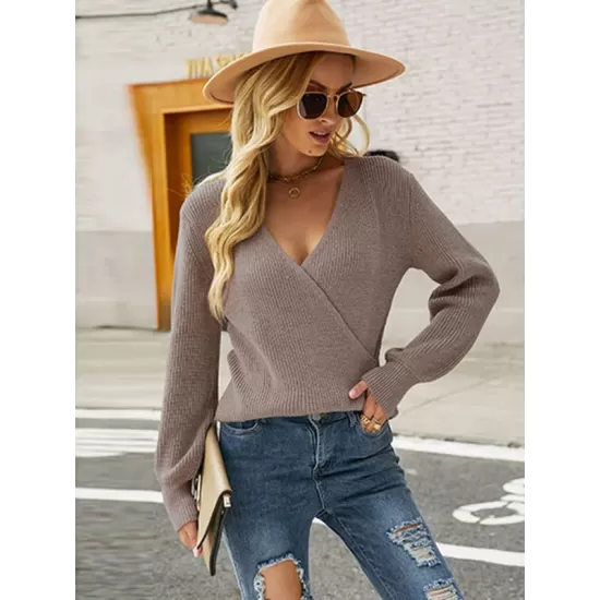 Casual Long Sleeves Solid Color V-Neck Sweater Tops