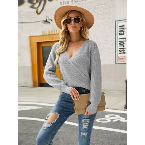 Casual Long Sleeves Solid Color V-Neck Sweater Tops