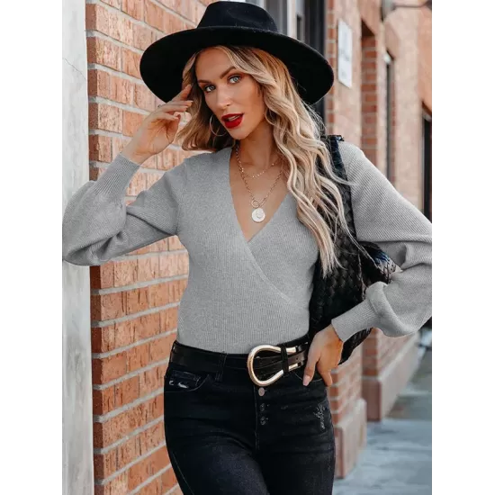 Casual Long Sleeves Solid Color V-Neck Sweater Tops