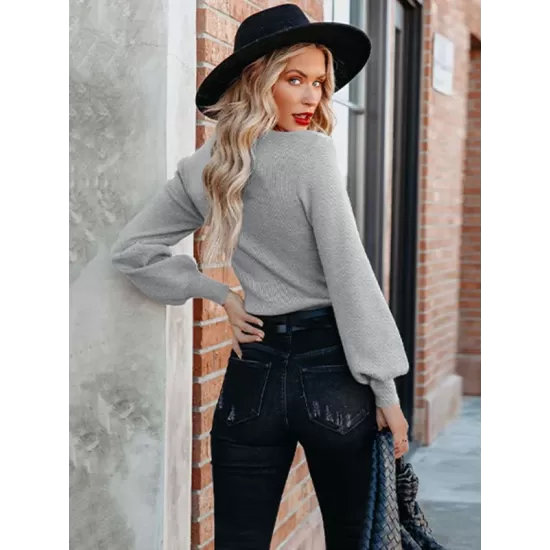 Casual Long Sleeves Solid Color V-Neck Sweater Tops