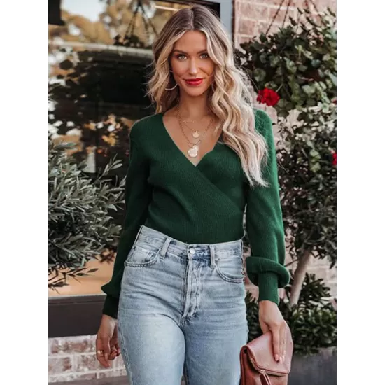 Casual Long Sleeves Solid Color V-Neck Sweater Tops