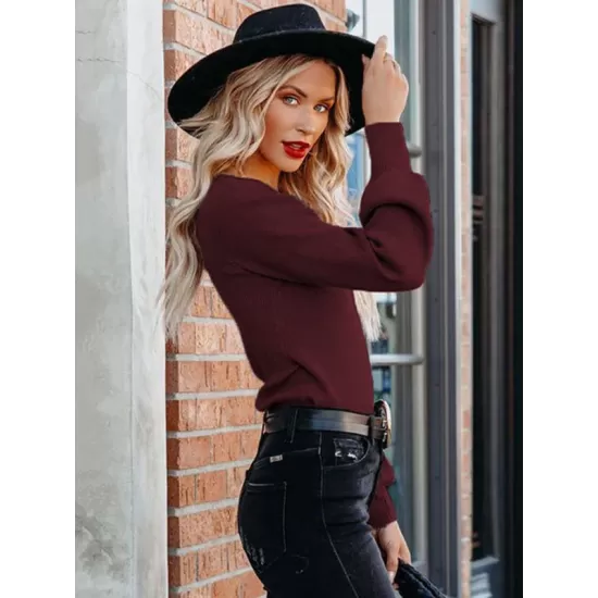 Casual Long Sleeves Solid Color V-Neck Sweater Tops