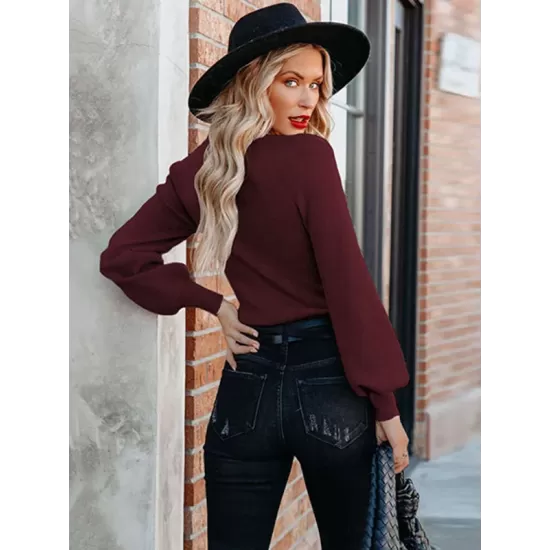 Casual Long Sleeves Solid Color V-Neck Sweater Tops